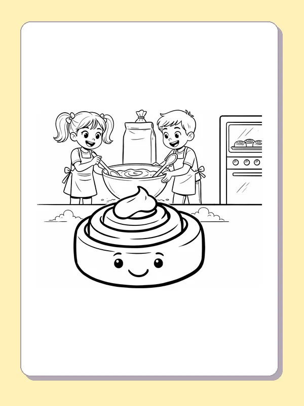 Children baking a cinnamon roll cinnamon roll coloring page, black and white line art to print or color online