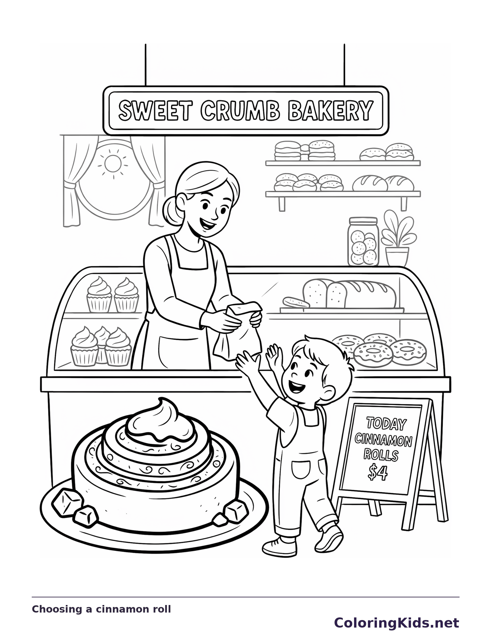 Choosing a cinnamon roll cinnamon roll coloring page, black and white line art to print or color online