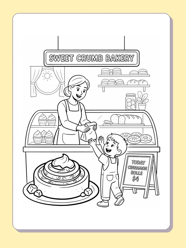 Choosing a cinnamon roll cinnamon roll coloring page, black and white line art to print or color online
