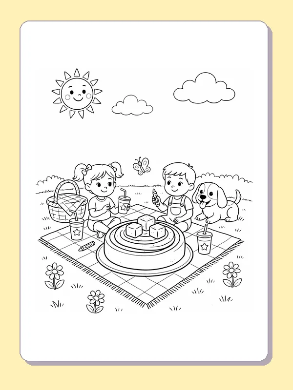 Cinnamon roll picnic with friends cinnamon roll coloring page, black and white line art to print or color online