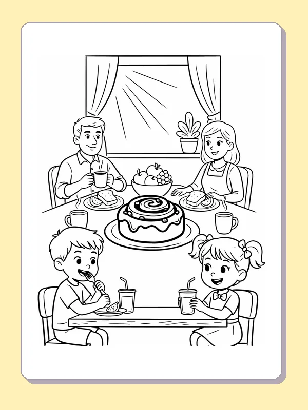 Family sharing cinnamon rolls cinnamon roll coloring page, black and white line art to print or color online