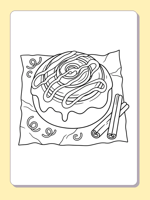 Roll beside cinnamon sticks cinnamon roll coloring page, black and white line art to print or color online