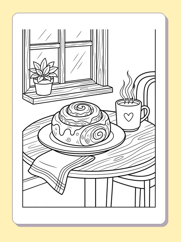 Cinnamon roll beside a cozy mug cinnamon roll coloring page, black and white line art to print or color online