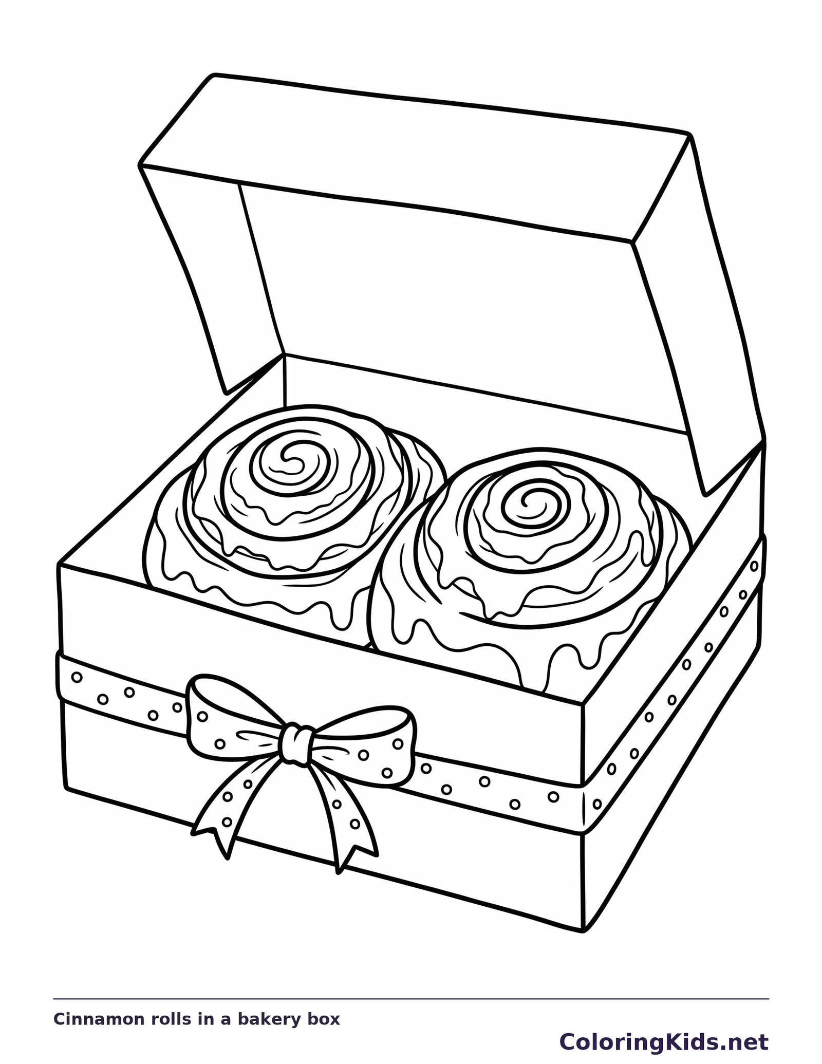 Cinnamon rolls in a bakery box cinnamon roll coloring page, black and white line art to print or color online