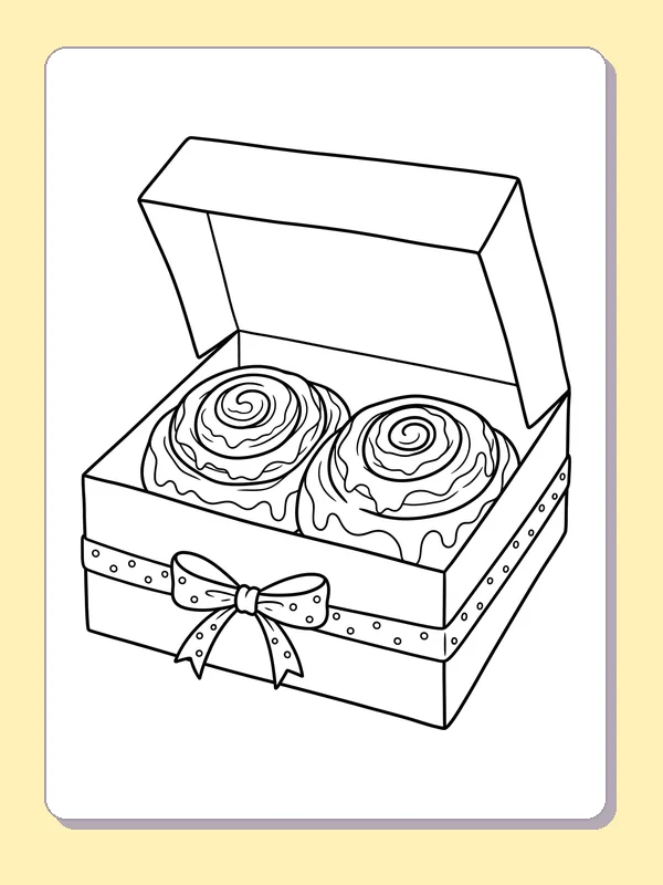 Cinnamon rolls in a bakery box cinnamon roll coloring page, black and white line art to print or color online