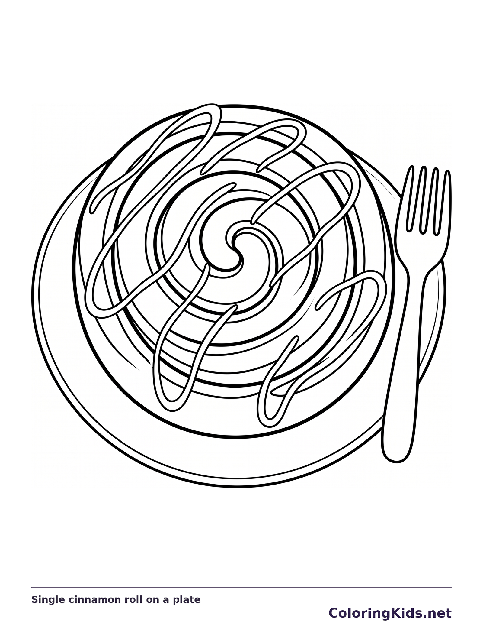 Single cinnamon roll on a plate cinnamon roll coloring page, black and white line art to print or color online