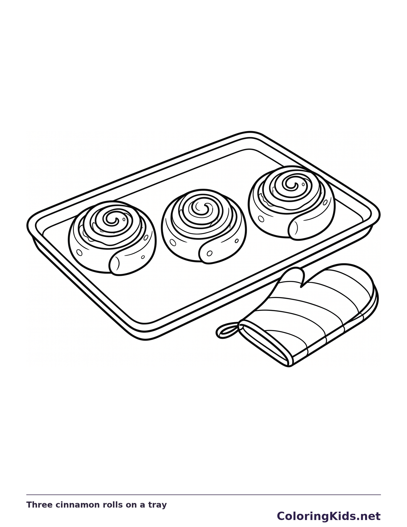 Three cinnamon rolls on a tray cinnamon roll coloring page, black and white line art to print or color online