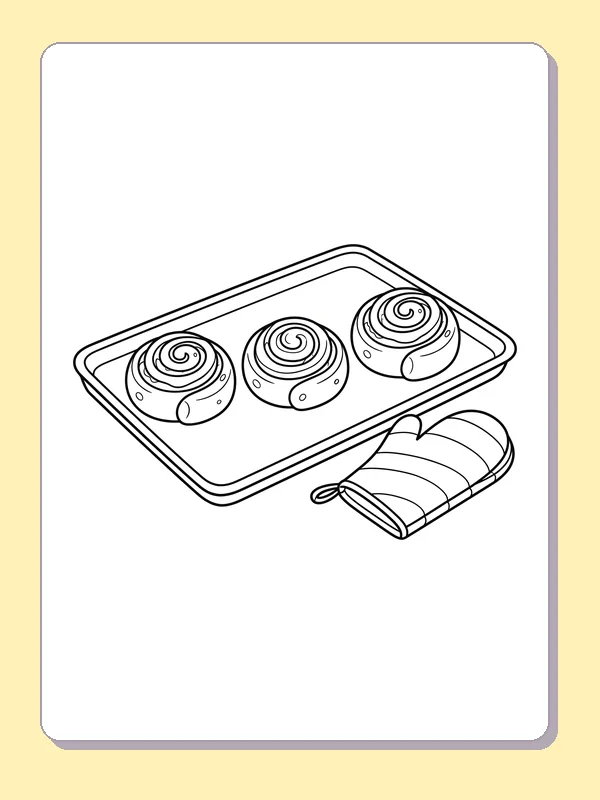 Three cinnamon rolls on a tray cinnamon roll coloring page, black and white line art to print or color online