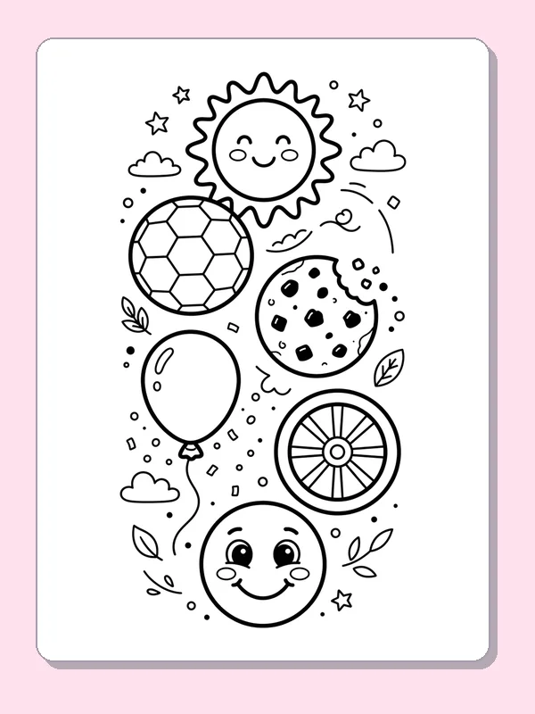 A sunny circle, soccer ball, cookie, balloon, wheel and smiley face floating among stars.