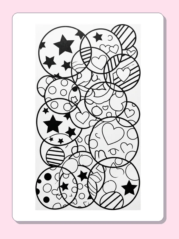 A dense stack of overlapping circles filled with stars, hearts, stripes and dots.