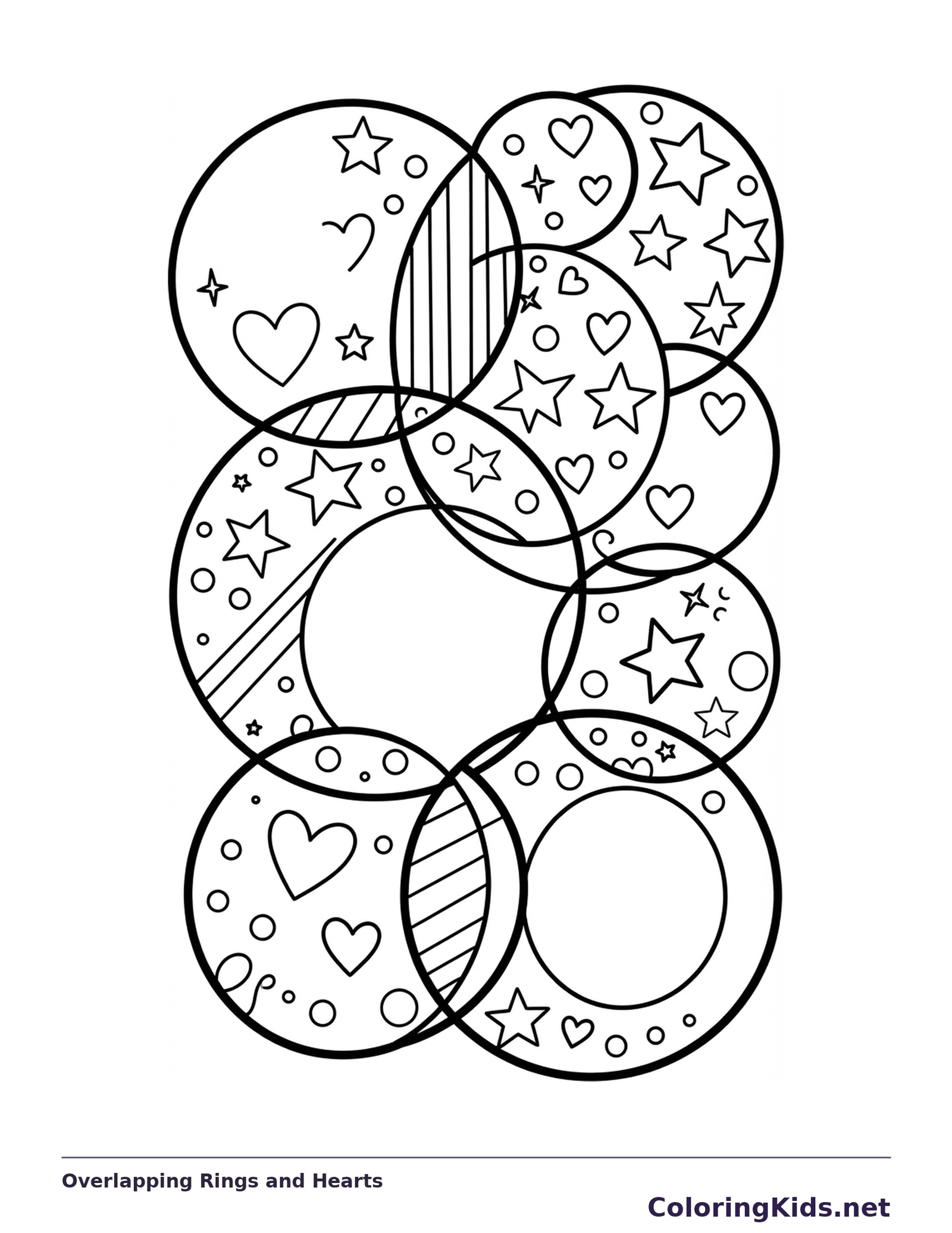 Overlapping circles filled with hearts, stars, dots and stripes