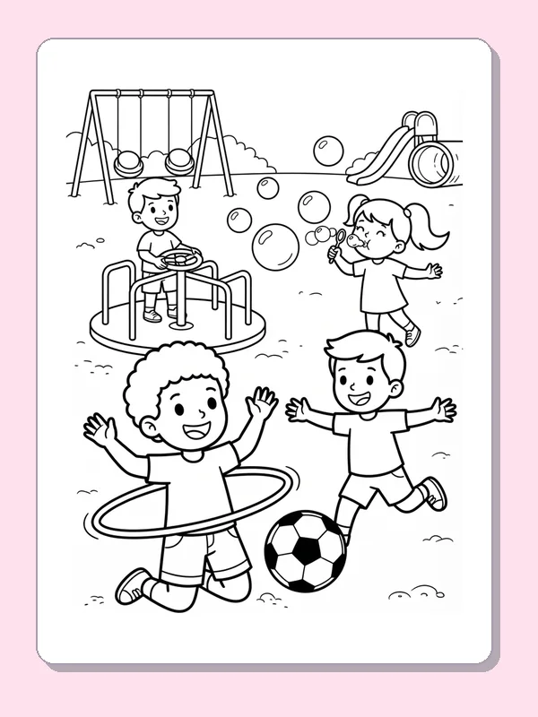 Children playing with a hula hoop, soccer ball and bubbles near swings and a slide.