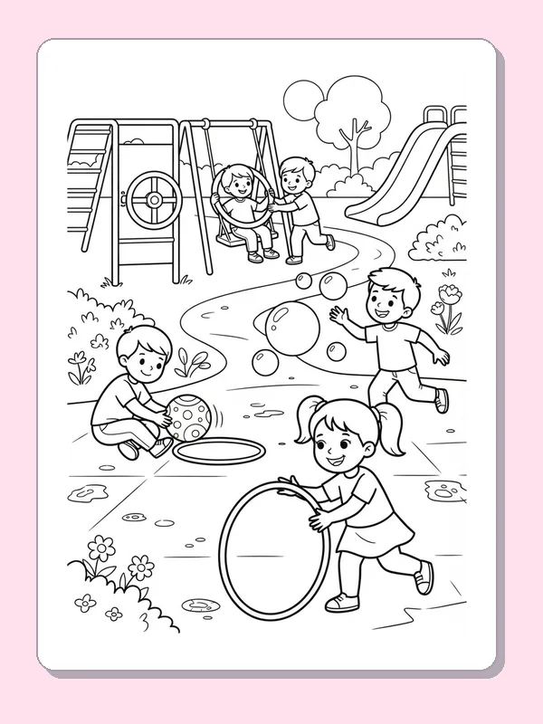 Children running with large hoops and bubbles around a playground with slides and swings.