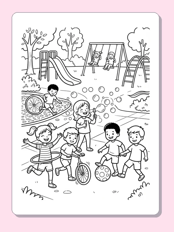Children playing with hoops, balls and bubbles at a playground