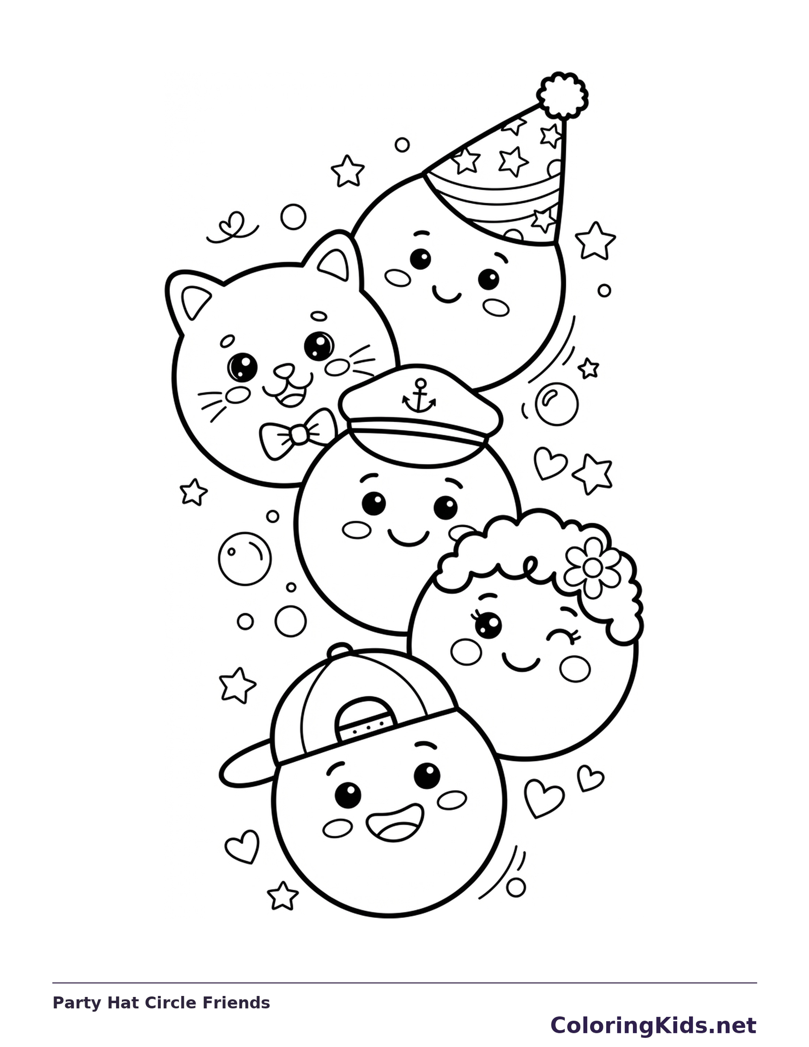 Stacked smiling circle characters wearing party hats, caps and bows amid tiny hearts.