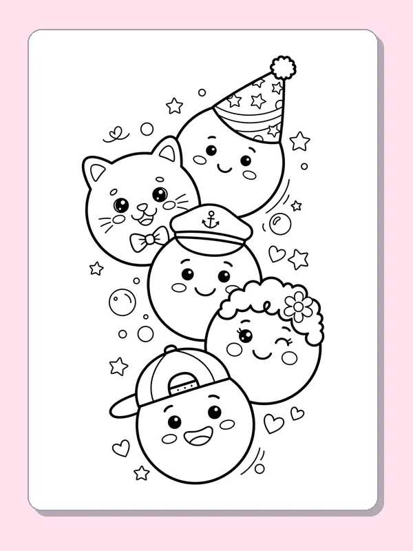 Stacked smiling circle characters wearing party hats, caps and bows amid tiny hearts.