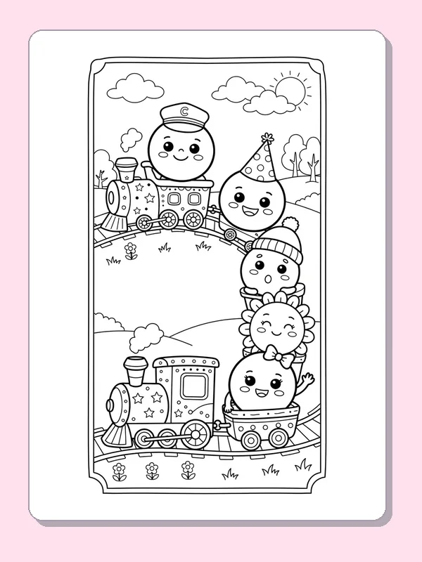 A train carrying smiling round characters through a sunny landscape of clouds and flowers.