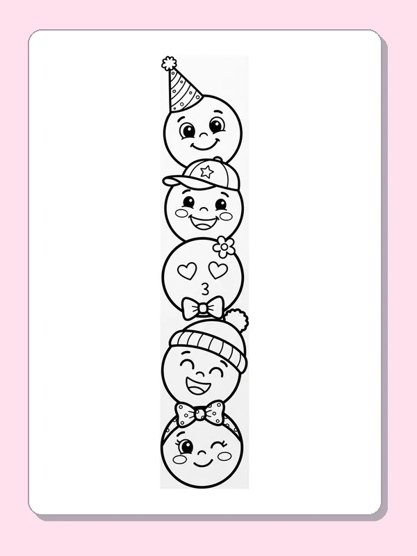 Stack of smiling circle characters wearing hats and bows
