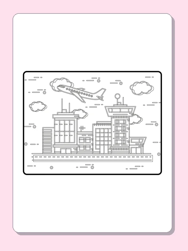 Black and white city coloring page with airplane above dense buildings