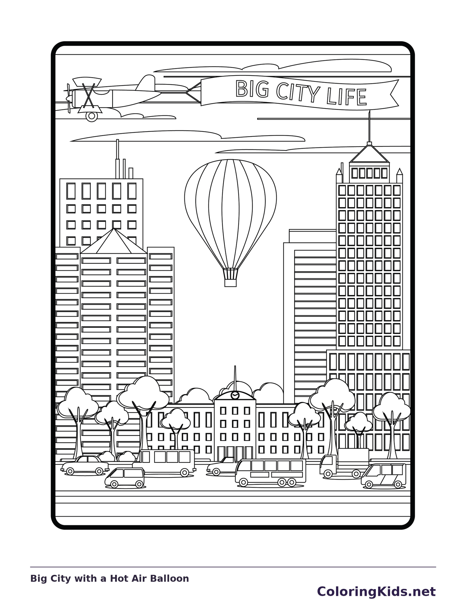 Black and white city coloring page with hot-air balloon among buildings