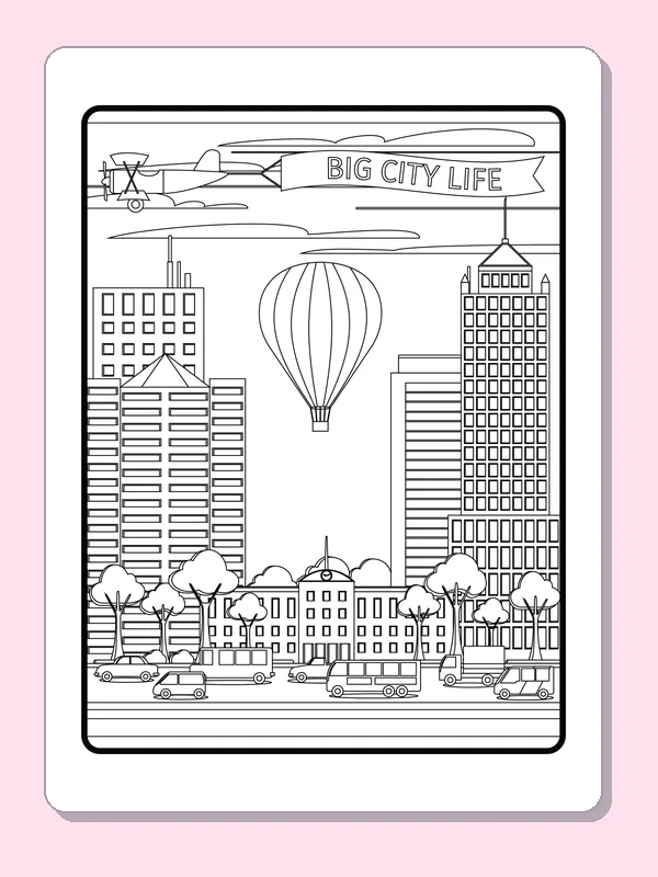 Black and white city coloring page with hot-air balloon among buildings