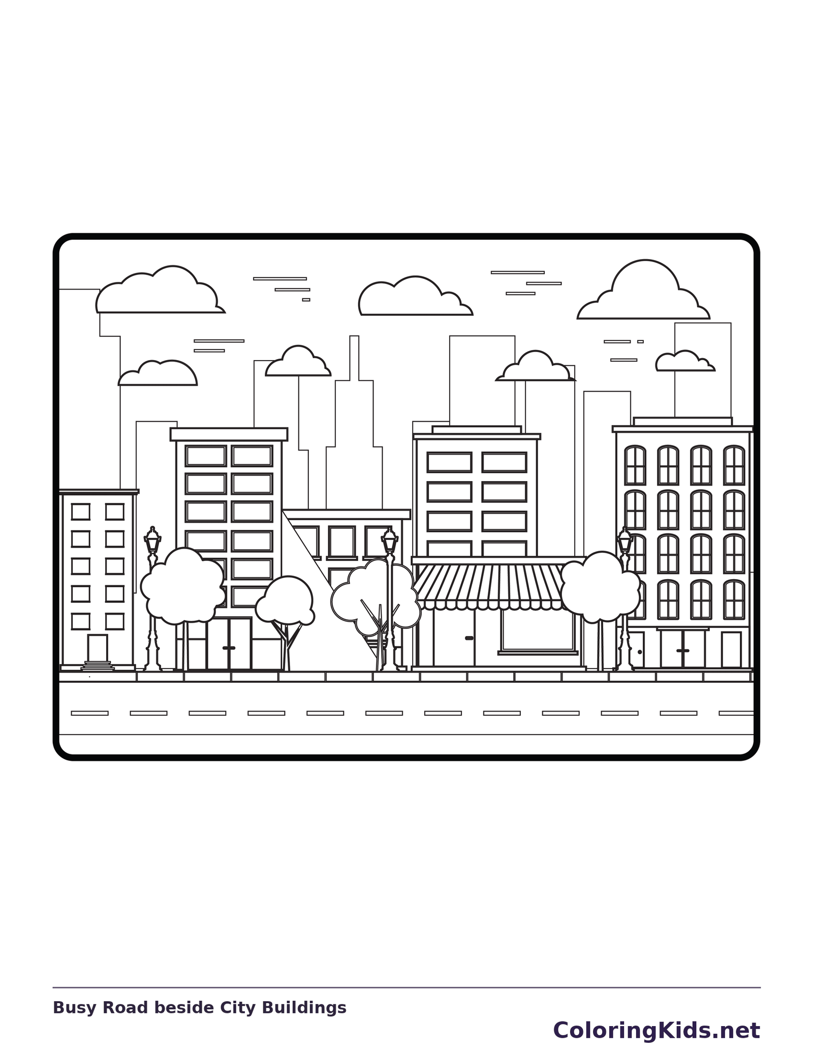 Black and white city coloring page with a road, awnings and many buildings