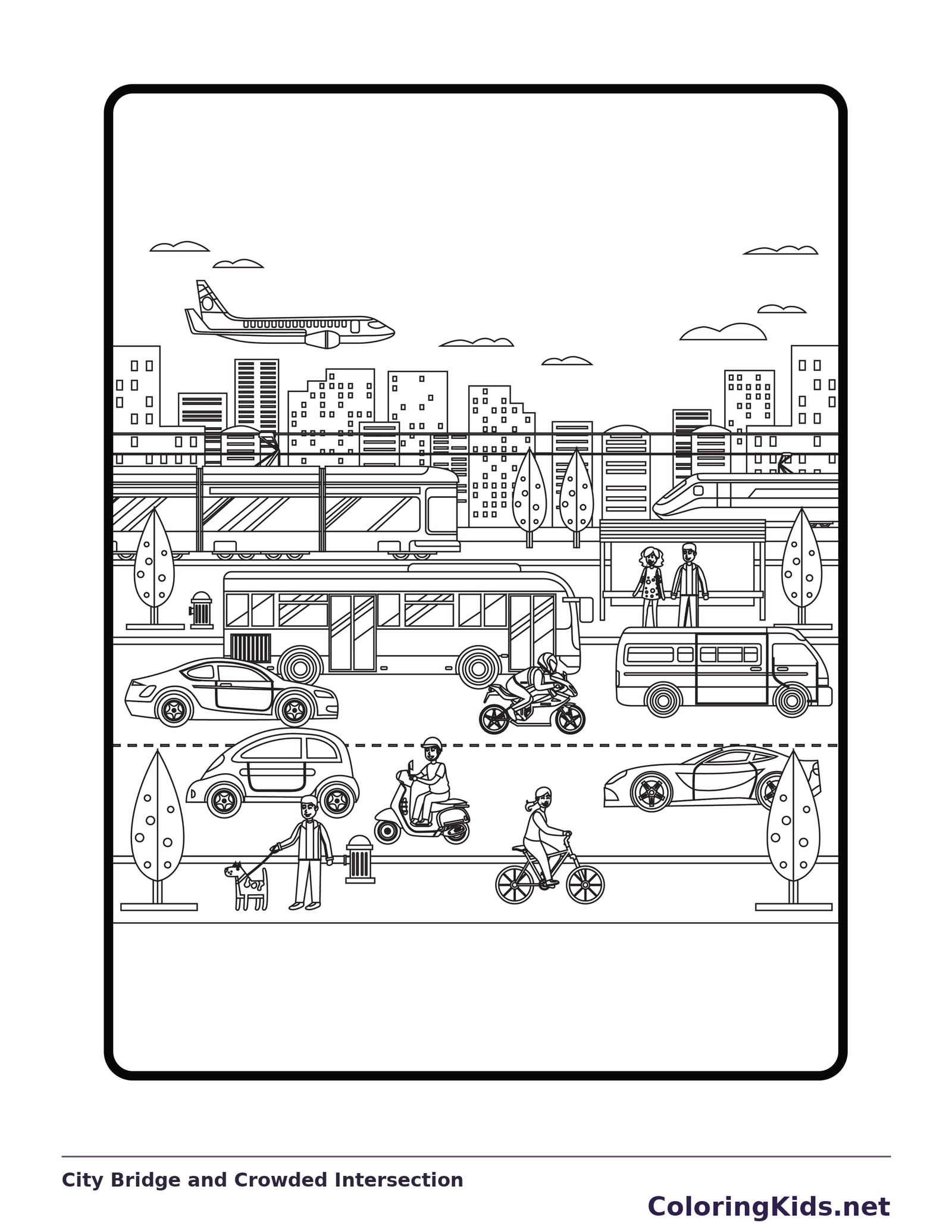 Black and white city coloring page of cars, people and bridge at intersection