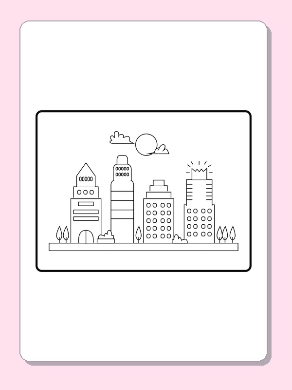 Black and white city coloring page with four skyline towers and trees