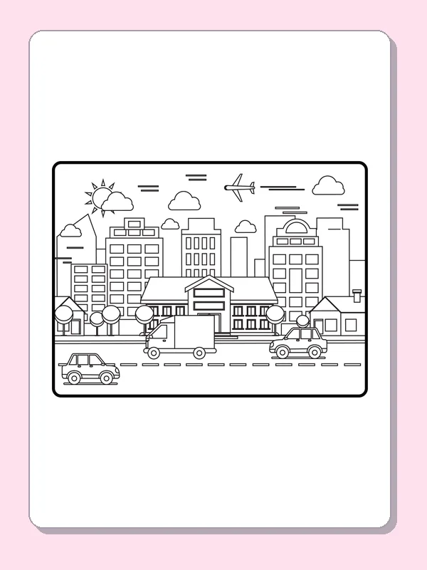 Black and white city coloring page showing cars, houses and distant towers