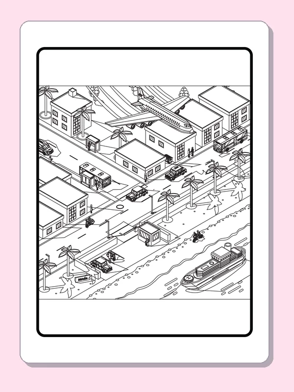 Black and white city coloring page with buses, airplane and waterfront boat