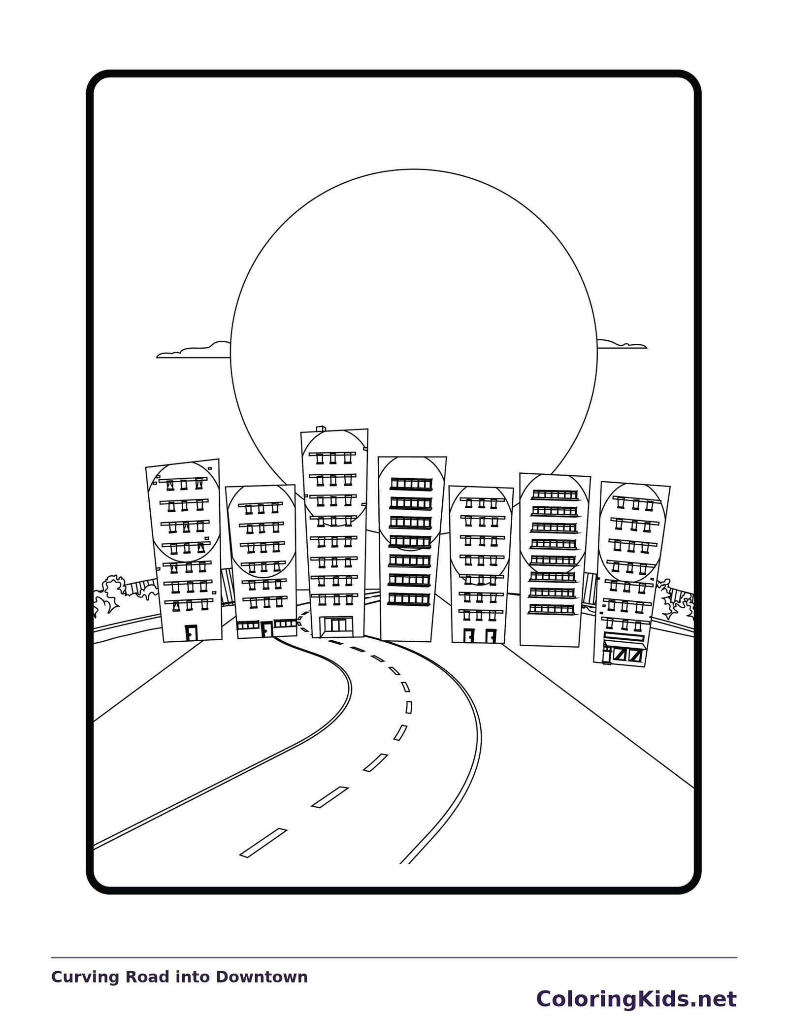 Black and white city coloring page with a curving road toward mid-rise buildings