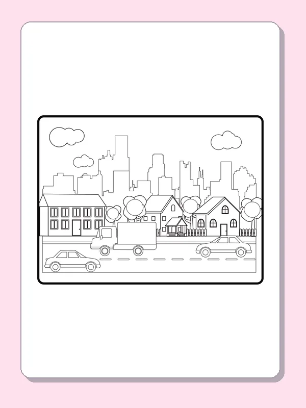 Black and white city coloring page with houses, cars and downtown towers