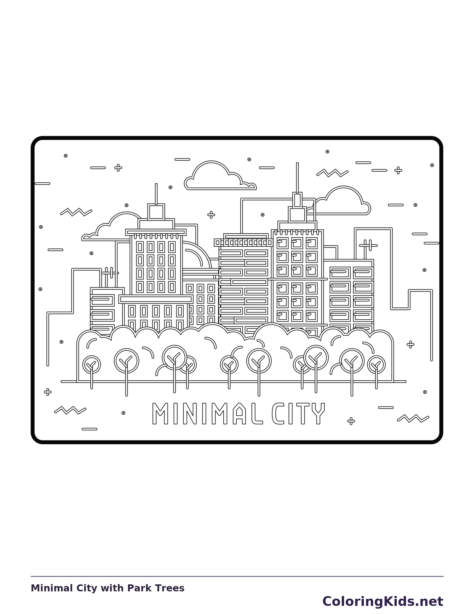 Black and white city coloring page with park trees and MINIMAL CITY text