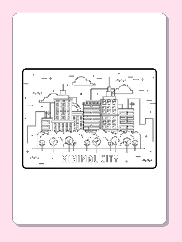 Black and white city coloring page with park trees and MINIMAL CITY text