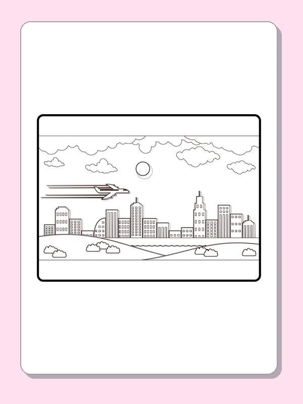 Black and white city coloring page with airplane over a riverfront skyline