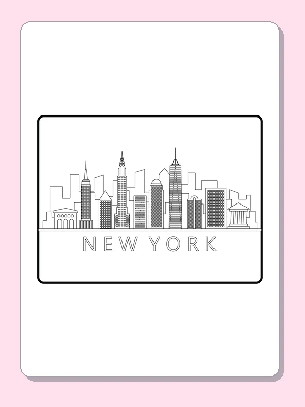 Black and white city coloring page of stylized New York towers and lettering