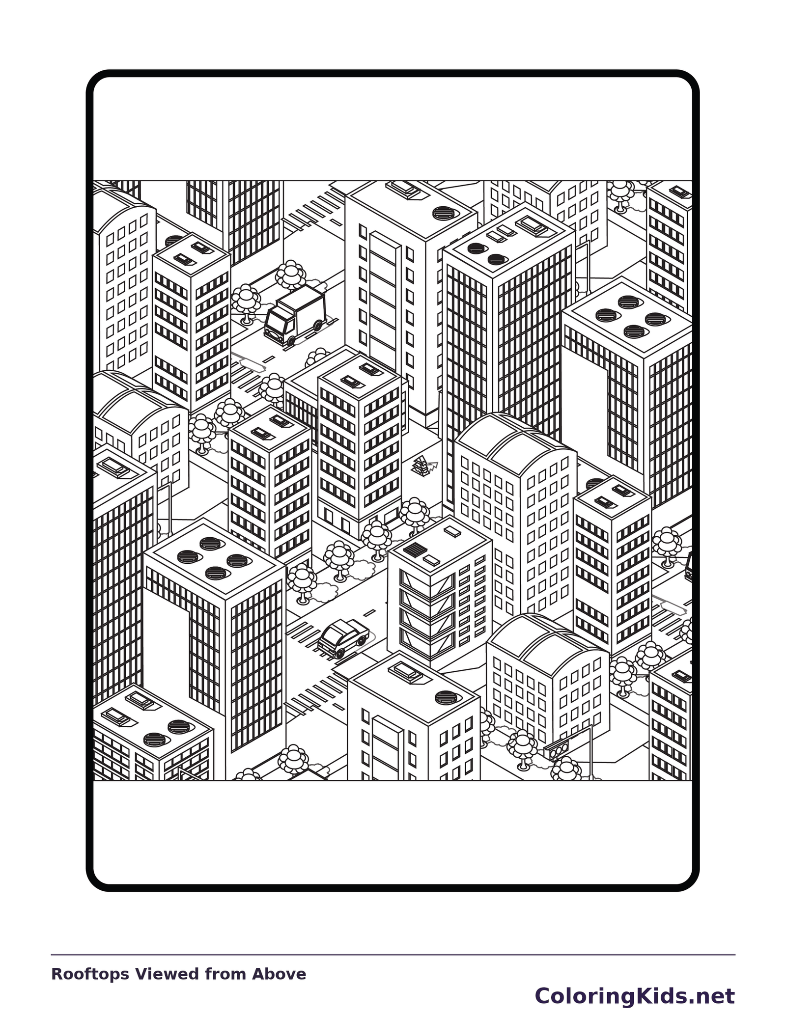 Black and white city coloring page of many rooftops seen from above
