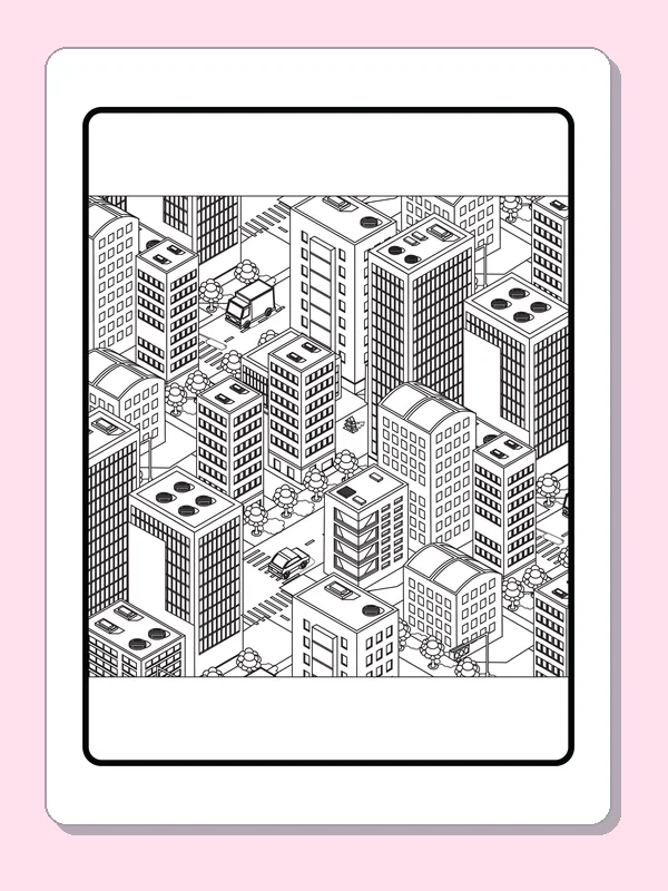 Black and white city coloring page of many rooftops seen from above