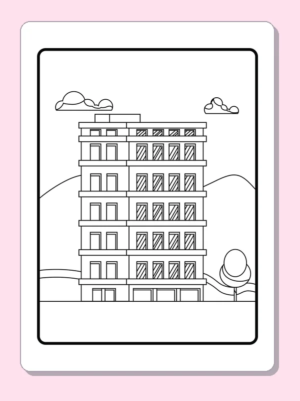 Black and white city coloring page showing a tall apartment block between hills