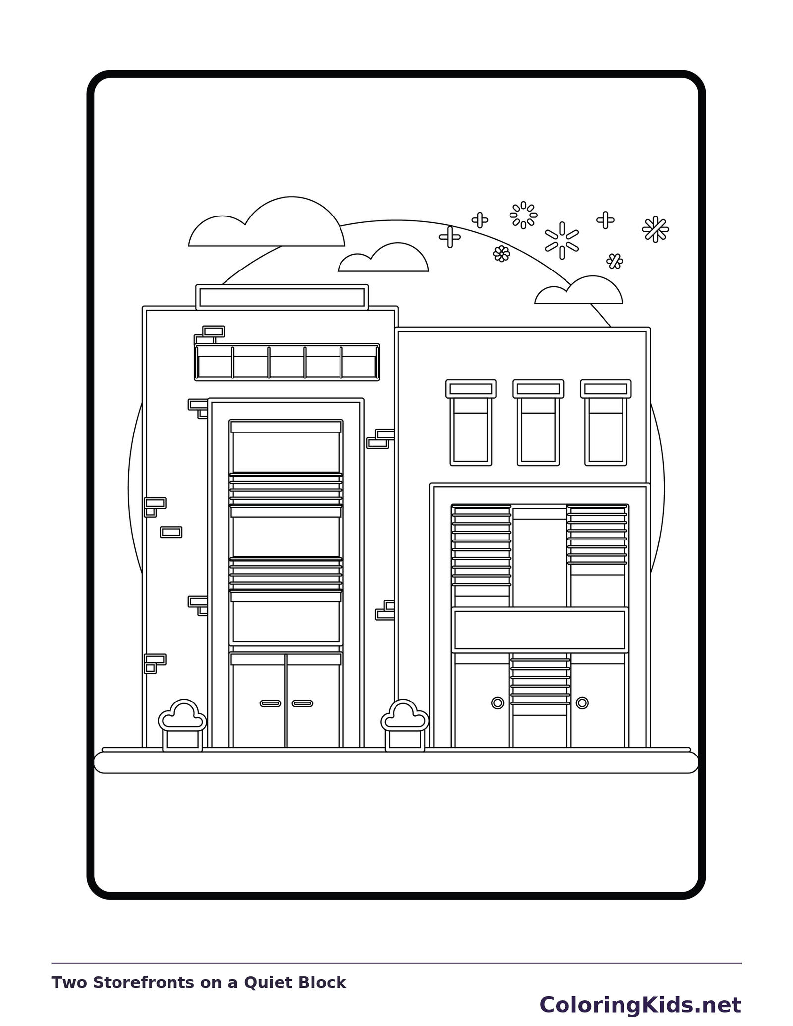 Black and white city coloring page with two shop fronts and shutters