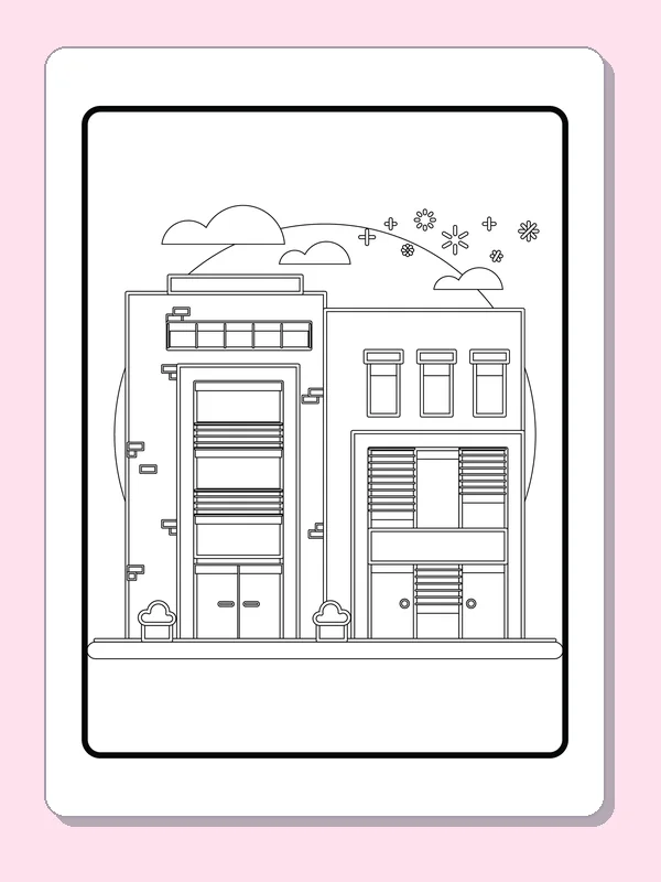 Black and white city coloring page with two shop fronts and shutters