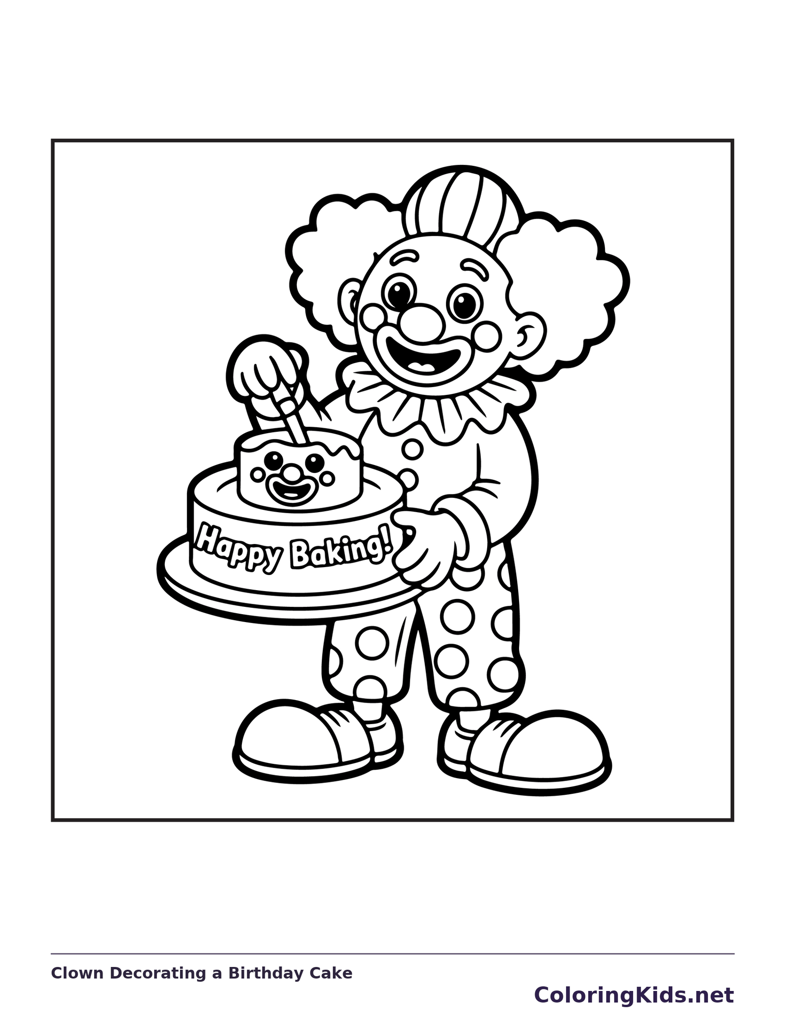 Clown carrying decorated birthday cake, black-and-white line art