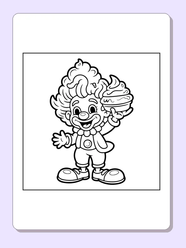 Smiling clown holding frosted cupcake, black-and-white line art