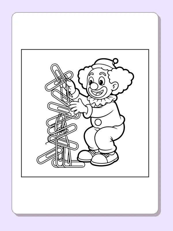 Clown holding a tumbling stack of giant paper clips, black-and-white line art