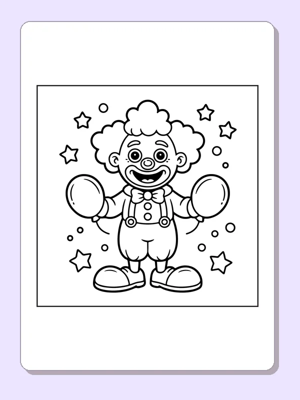 Clown holding two balloons with stars around, black-and-white line art
