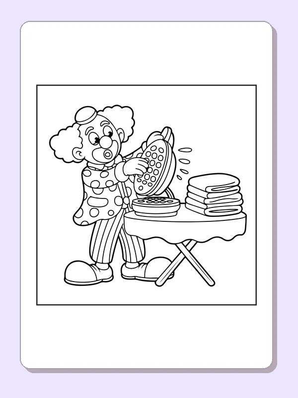 Clown ironing clothes beside folded stack, black-and-white line art