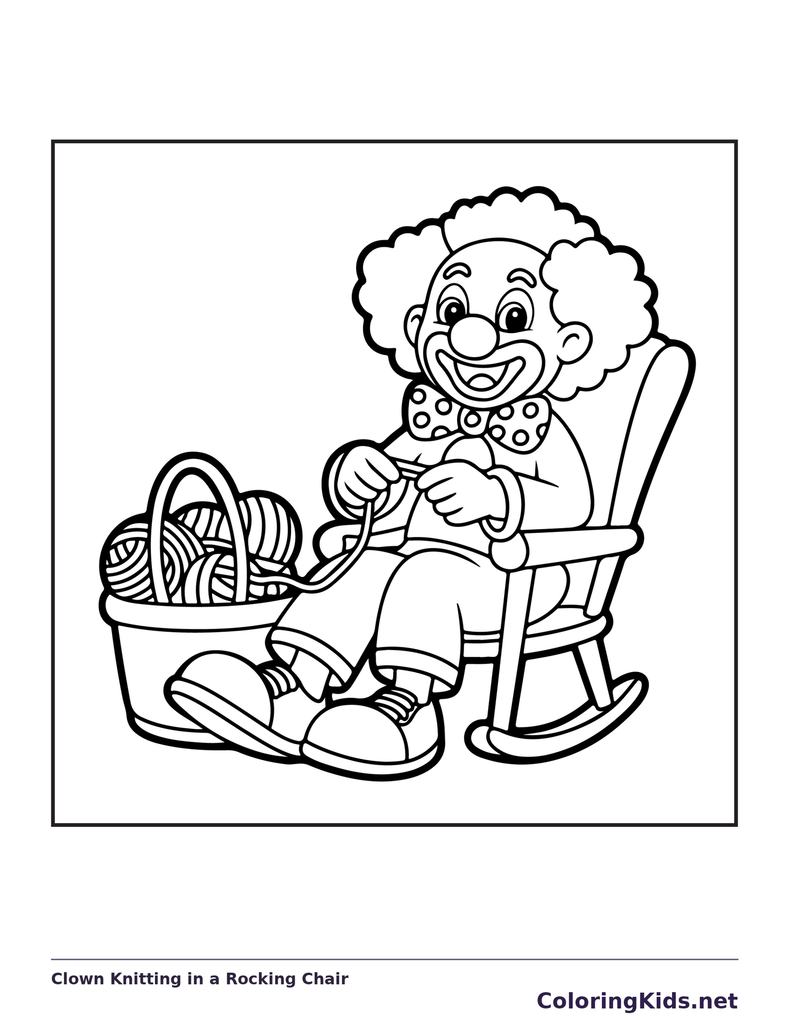 Clown knitting in rocking chair beside yarn basket, black-and-white line art
