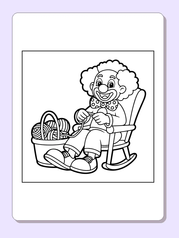 Clown knitting in rocking chair beside yarn basket, black-and-white line art