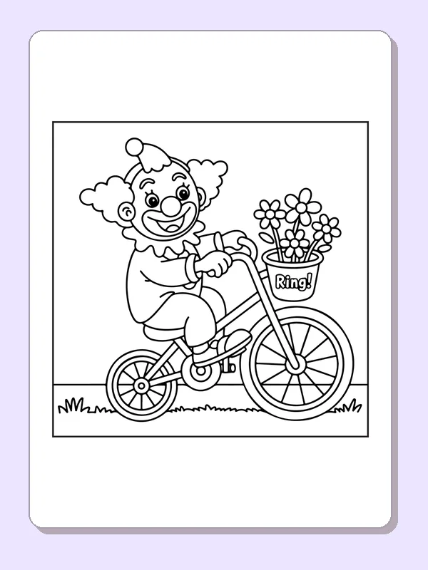 Clown riding bicycle with flowers in front basket, black-and-white line art