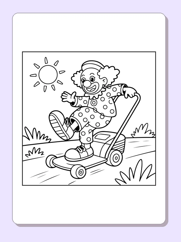 Clown on kick scooter beside wheeled cart under sun, black-and-white line art